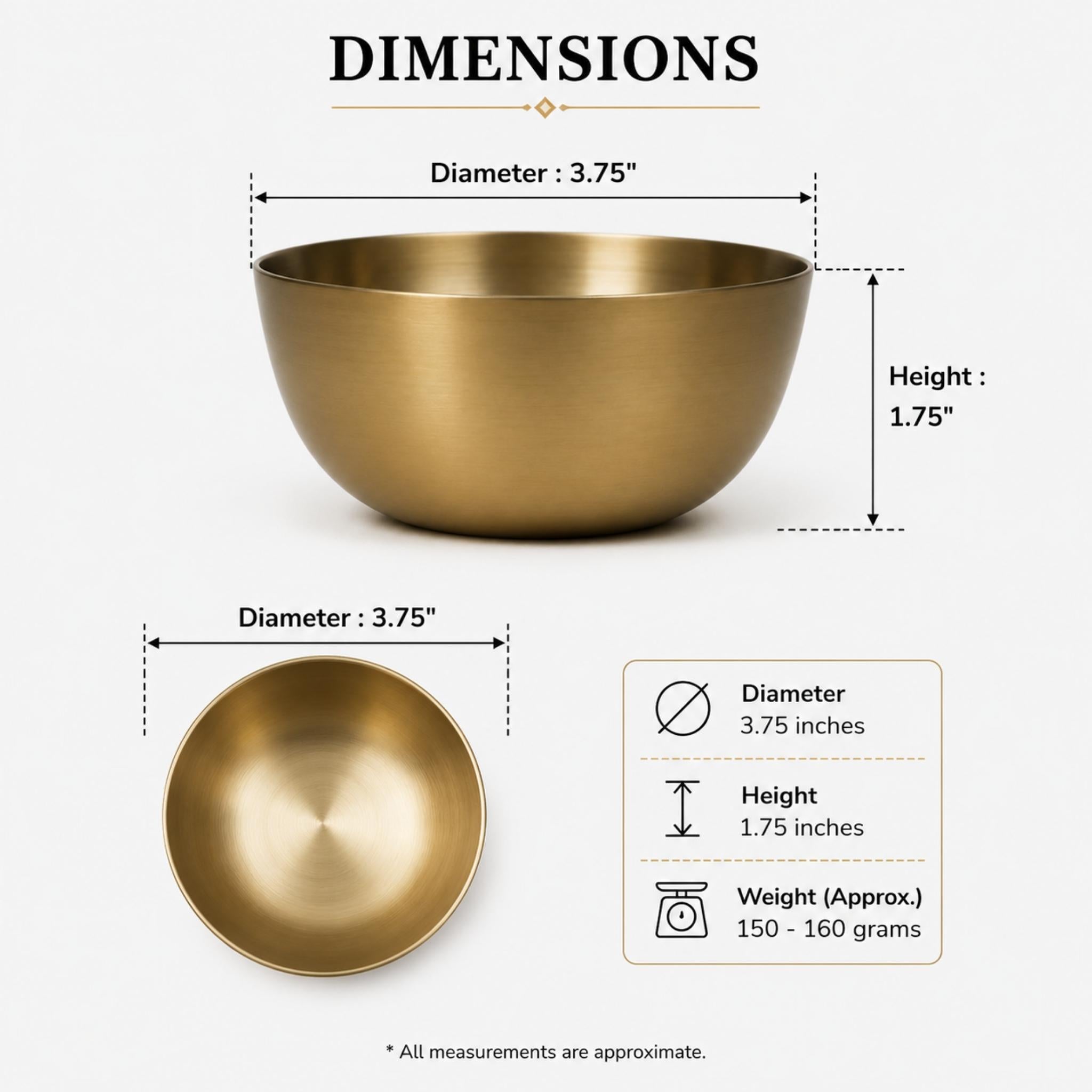 A product dimension diagram showing a round metallic bronze bowl from the side and top views, with labeled measurements for diameter 3.75 inches, height 1.