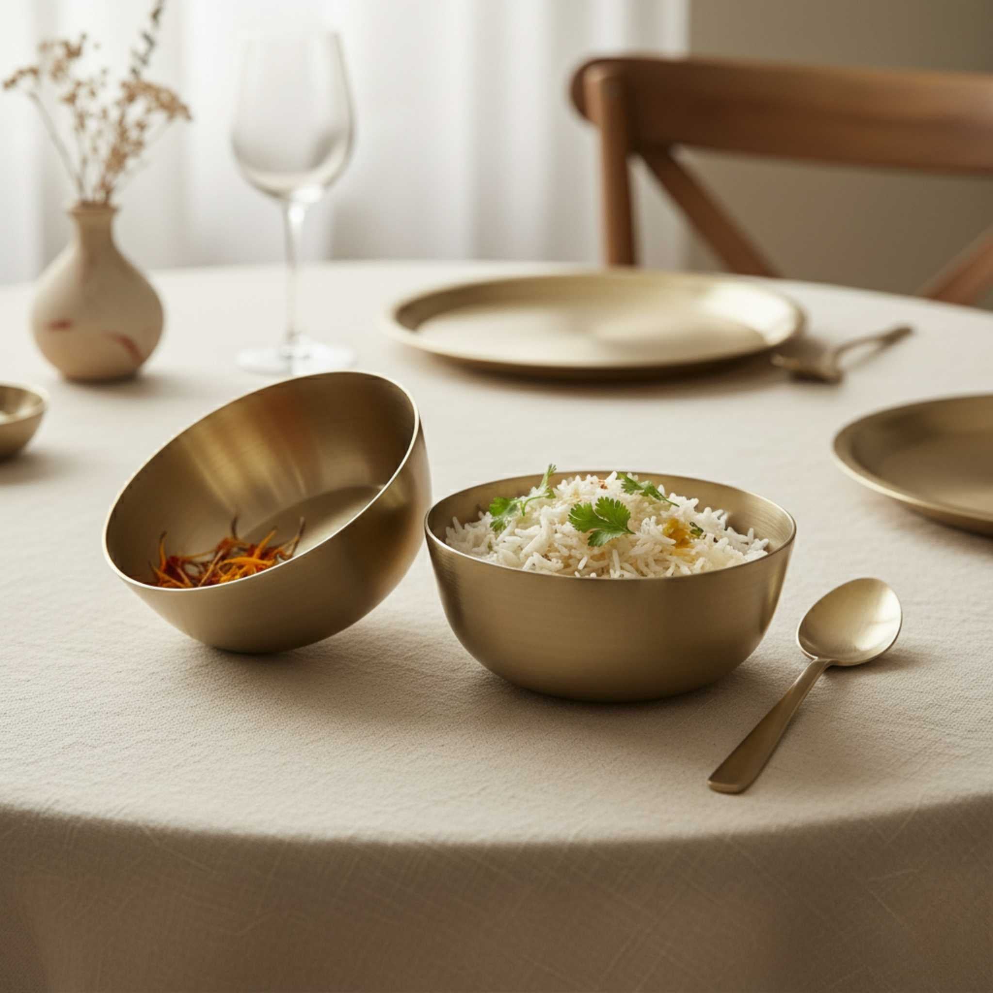 A set of matte gold bronze bowls and matching spoons arranged on a beige tablecloth, with one bowl open and filled with white rice garnished with green herbs.