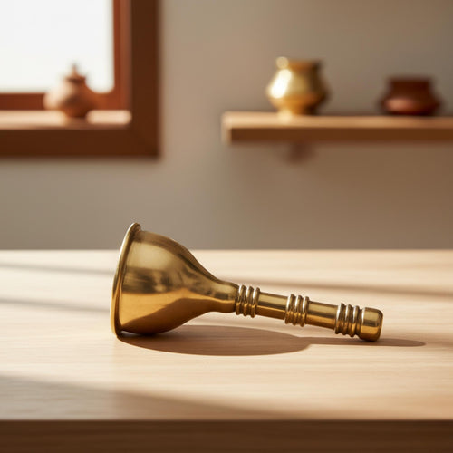 A polished brass funnel lying on its side on a light wooden tabletop, with a softly blurred indoor background featuring shelves and small vessels.