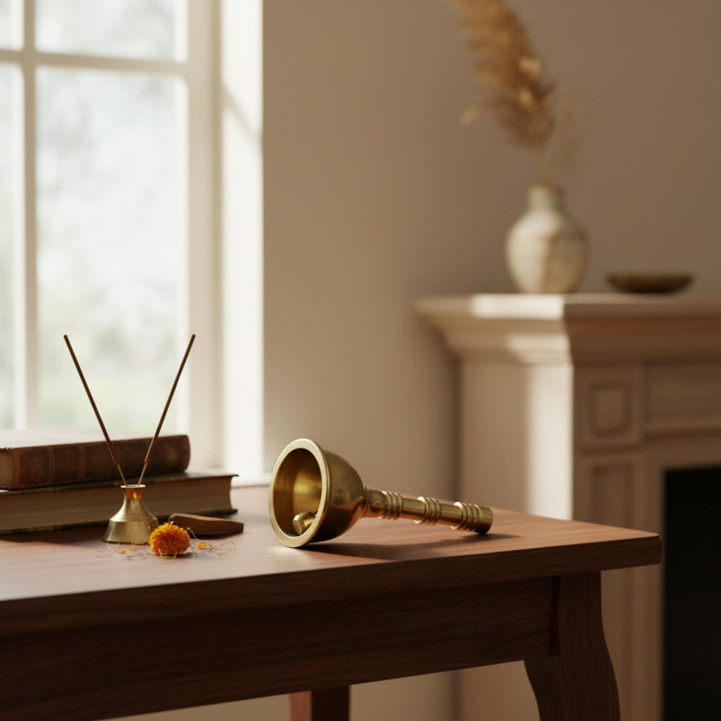 A brass bell-shaped incense burner with a curved handle lies on a wooden table in a softly lit room, alongside a reed diffuser and stacked books near a window.