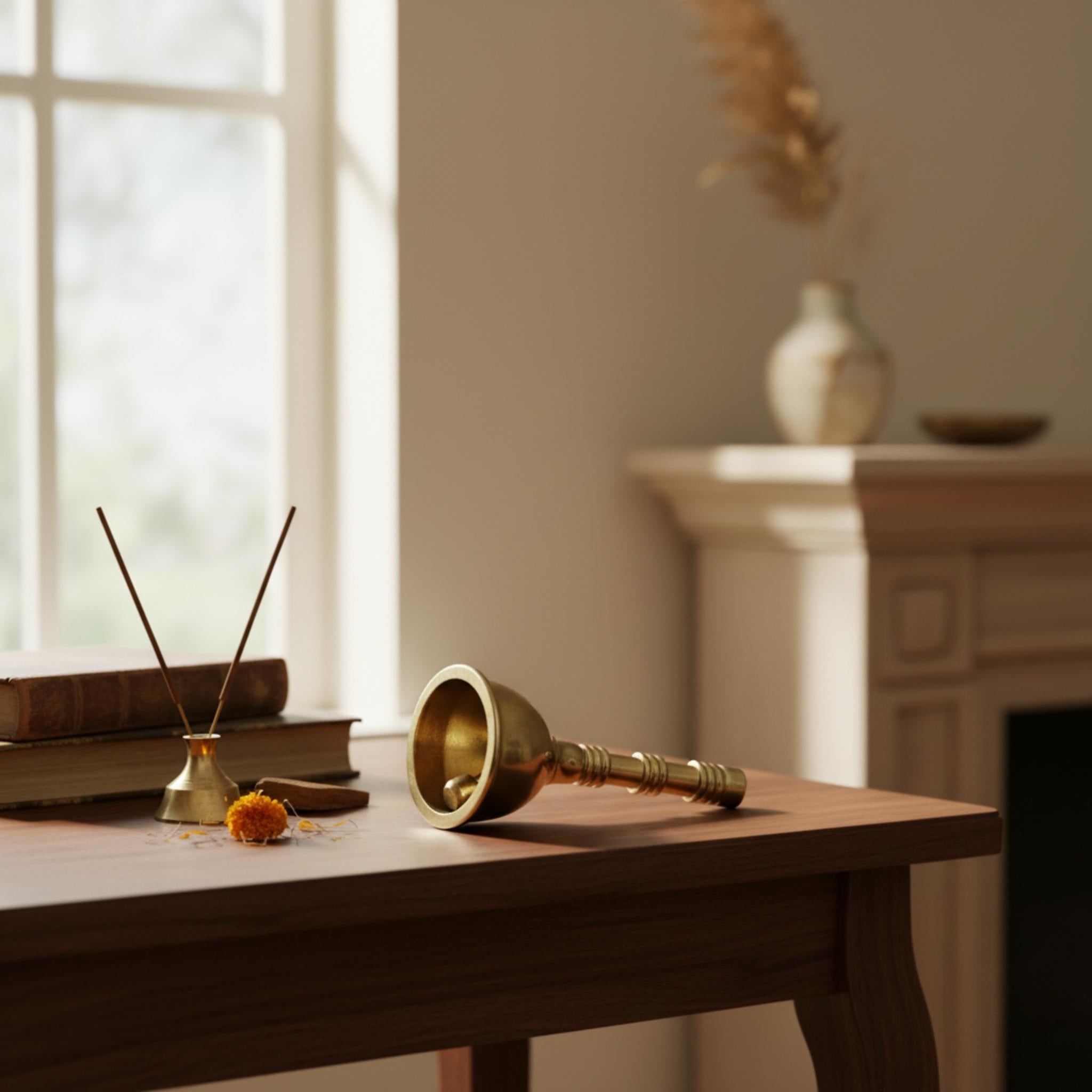 A brass bell-shaped incense burner with a curved handle lies on a wooden table in a softly lit room, alongside a reed diffuser and stacked books near a window.