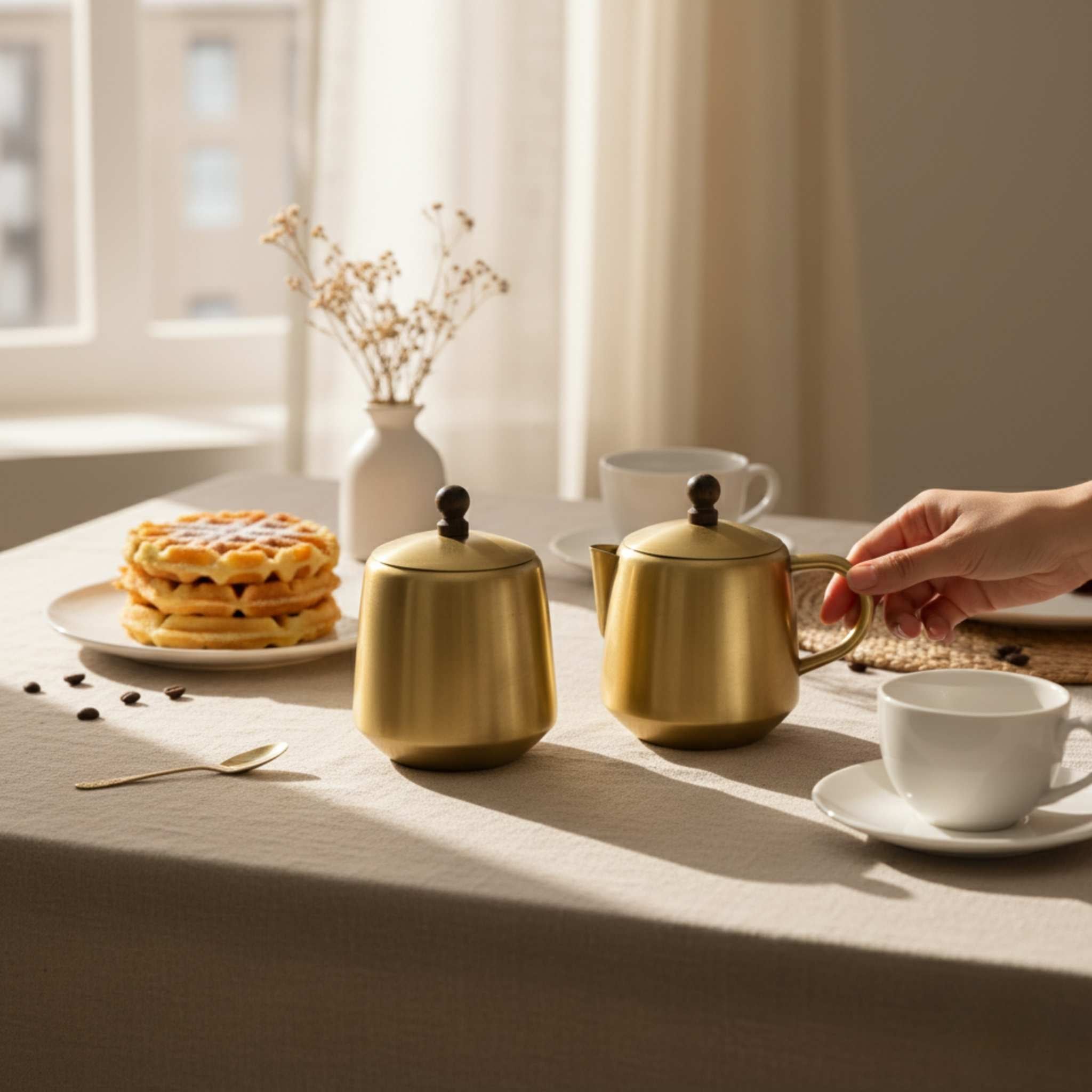 A lifestyle scene in a warm, sunlit room showing a matte gold metal brass tea set on a beige tablecloth. A hand is holding the handle of a gold teapot.