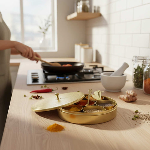 A round gold-toned Brass spice container with a lid, shown open on a kitchen counter with several small spice compartments. A person is partially visible in a real kitchen setting, cooking in the background, so this is Lifestyle rather than Product/Packaging.