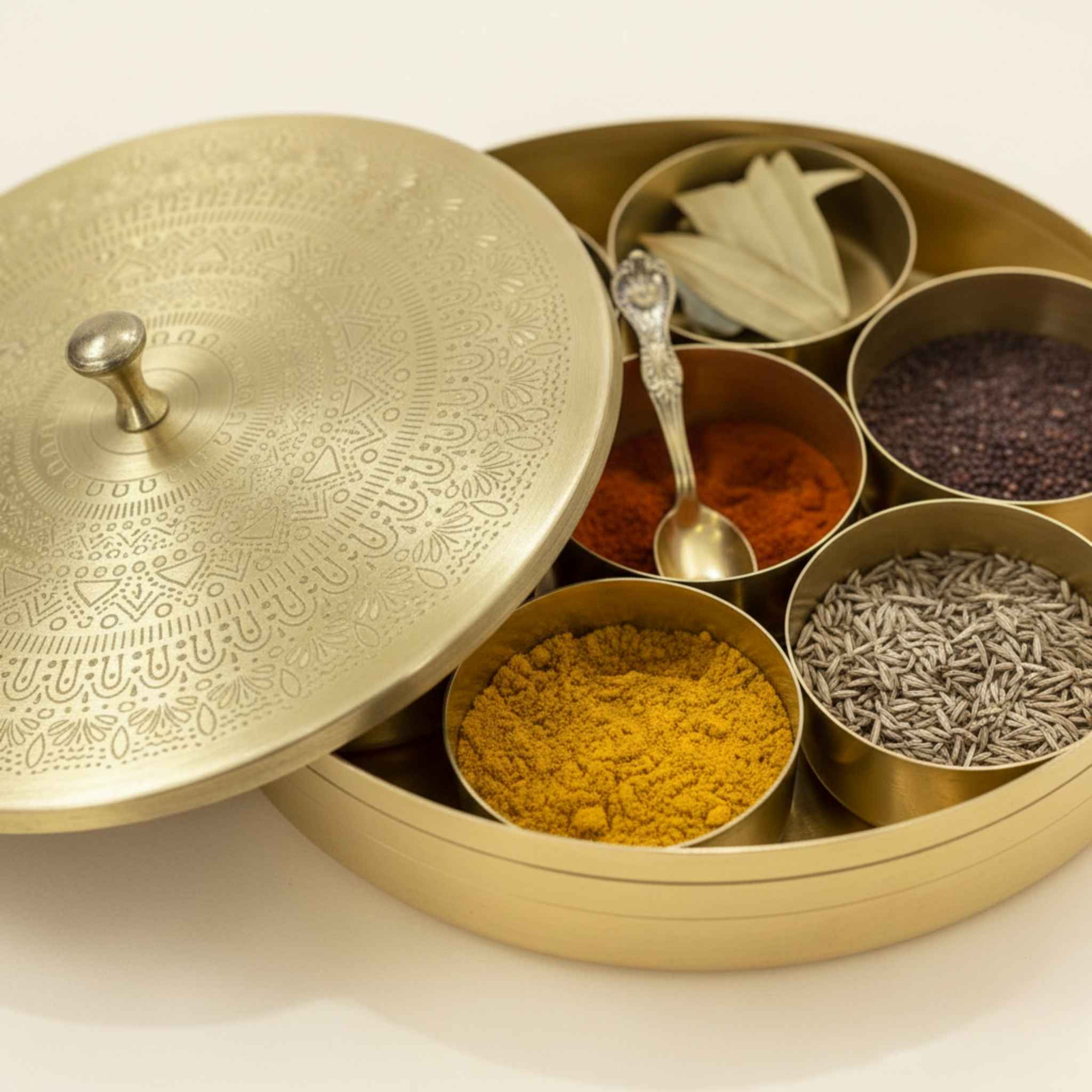 An ornate brass spice container with a matching engraved lid, shown open to reveal multiple compartments filled with spices and seeds, on a clean white background.