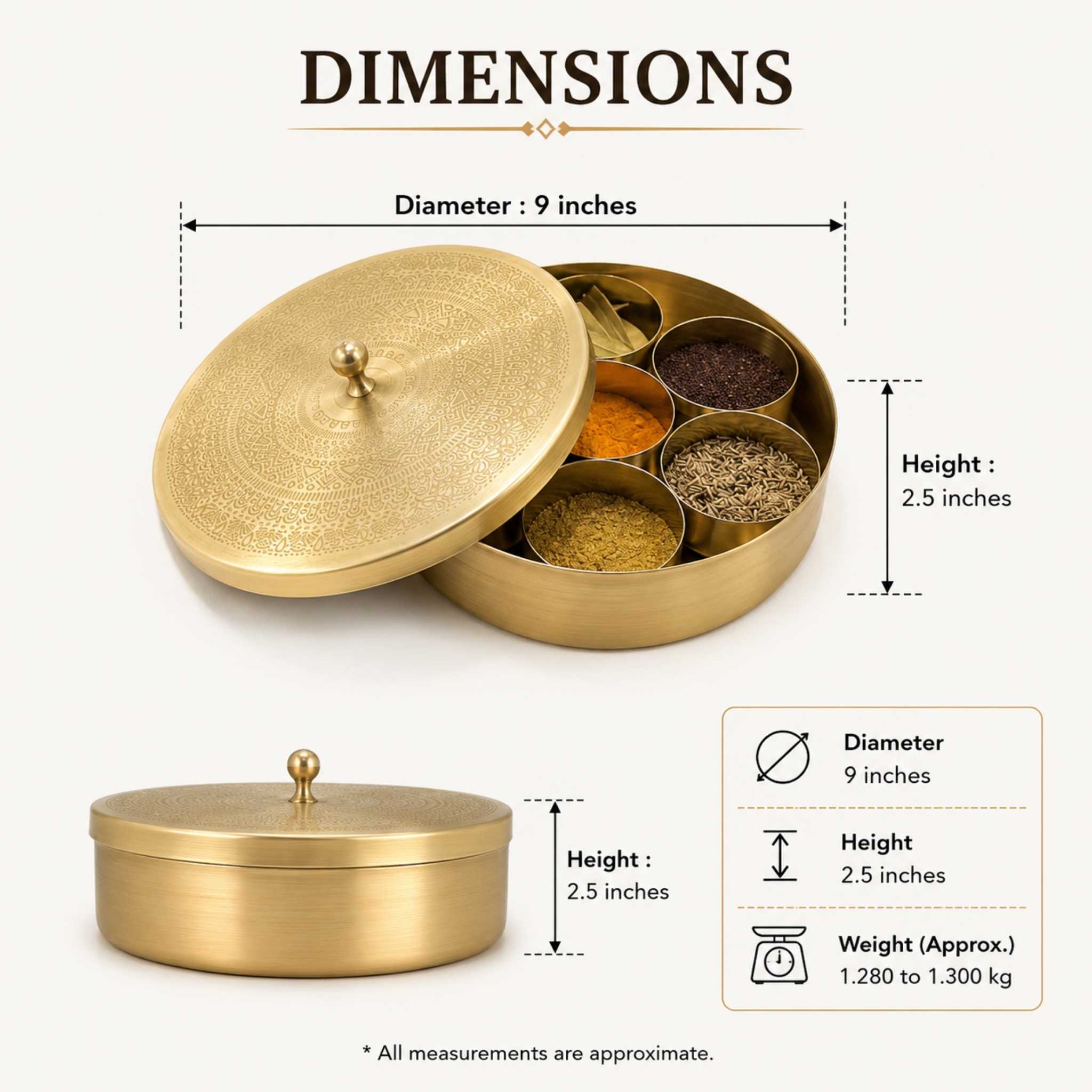A brass round spice box with its lid off, showing dimension labels for diameter 9 inches and height 2.5 inches, plus a small weight info box on a light beige background.