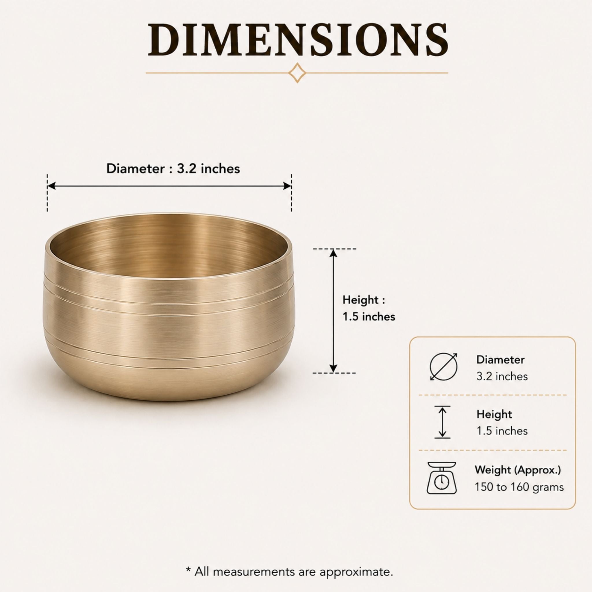 A Bronze bowl with dimension callouts showing a diameter of 3.2 inches and a height of 1.