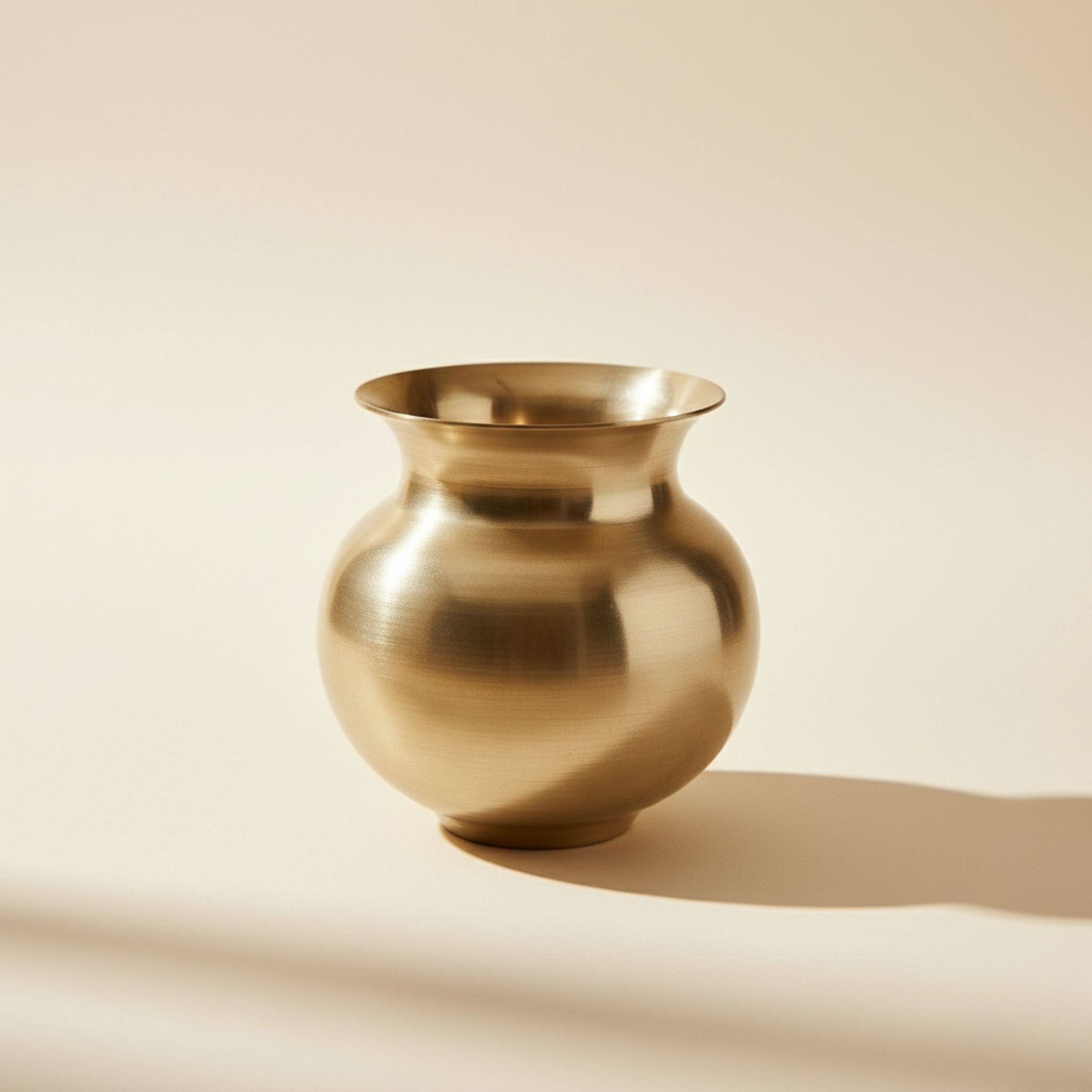 A small metallic gold vase with a rounded body and flared rim, photographed on a warm beige background with soft shadows.