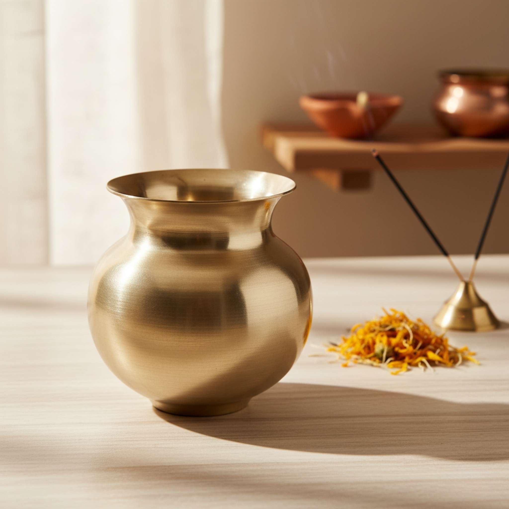 A polished brass or gold-toned metal incense burner with a flared rim sits on a light wooden table, with incense sticks and dried flower petals nearby and a softly blurred indoor background.