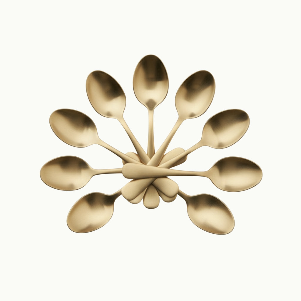 A decorative arrangement of eight metallic bronze spoons fanned out in a circular pattern against a clean off-white background.