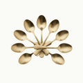 A decorative arrangement of eight metallic bronze spoons fanned out in a circular pattern against a clean off-white background.
