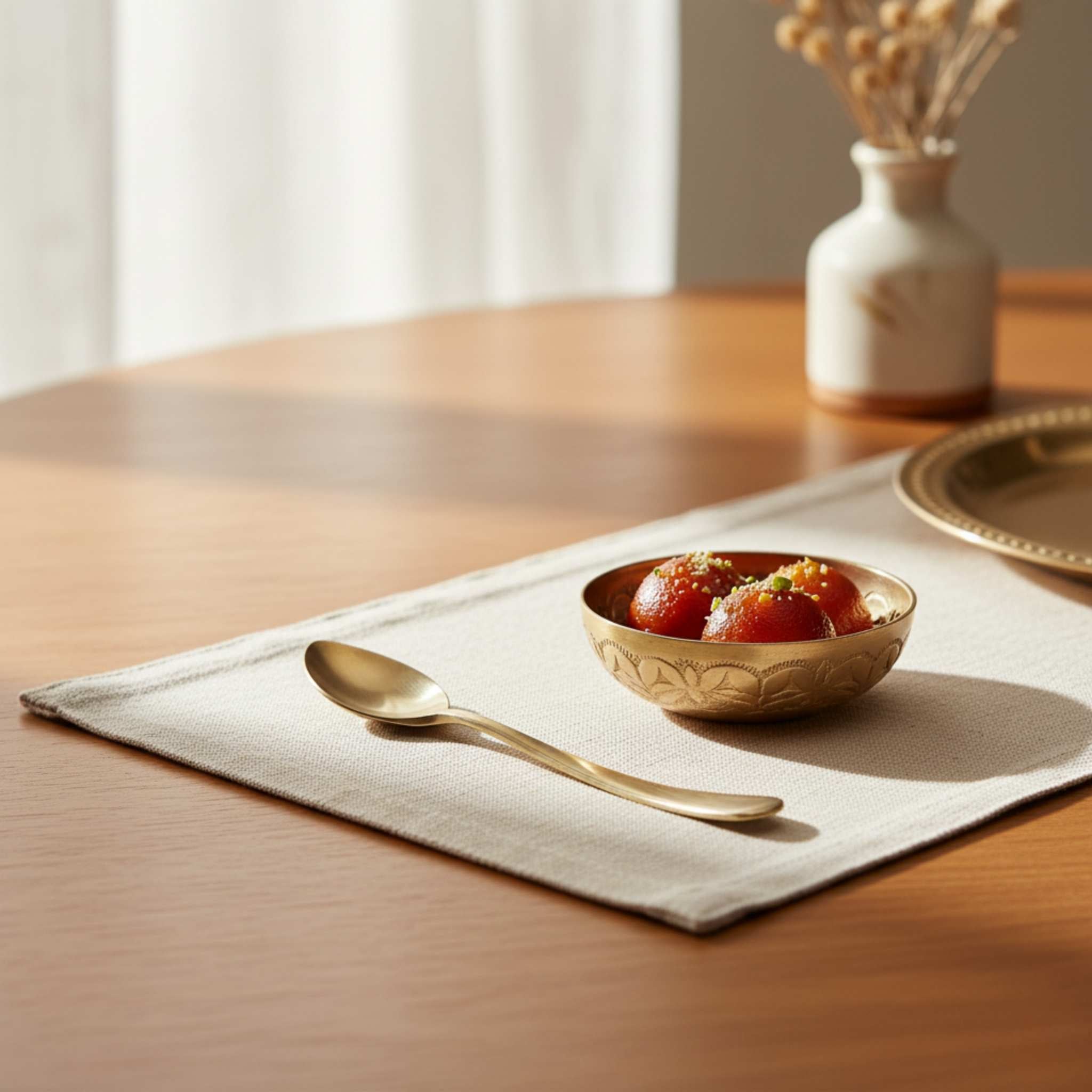 A small bronze bowl filled with red fruit sits on a beige placemat on a wooden table, with a matching bronze spoon beside it and a blurred vase in the background.