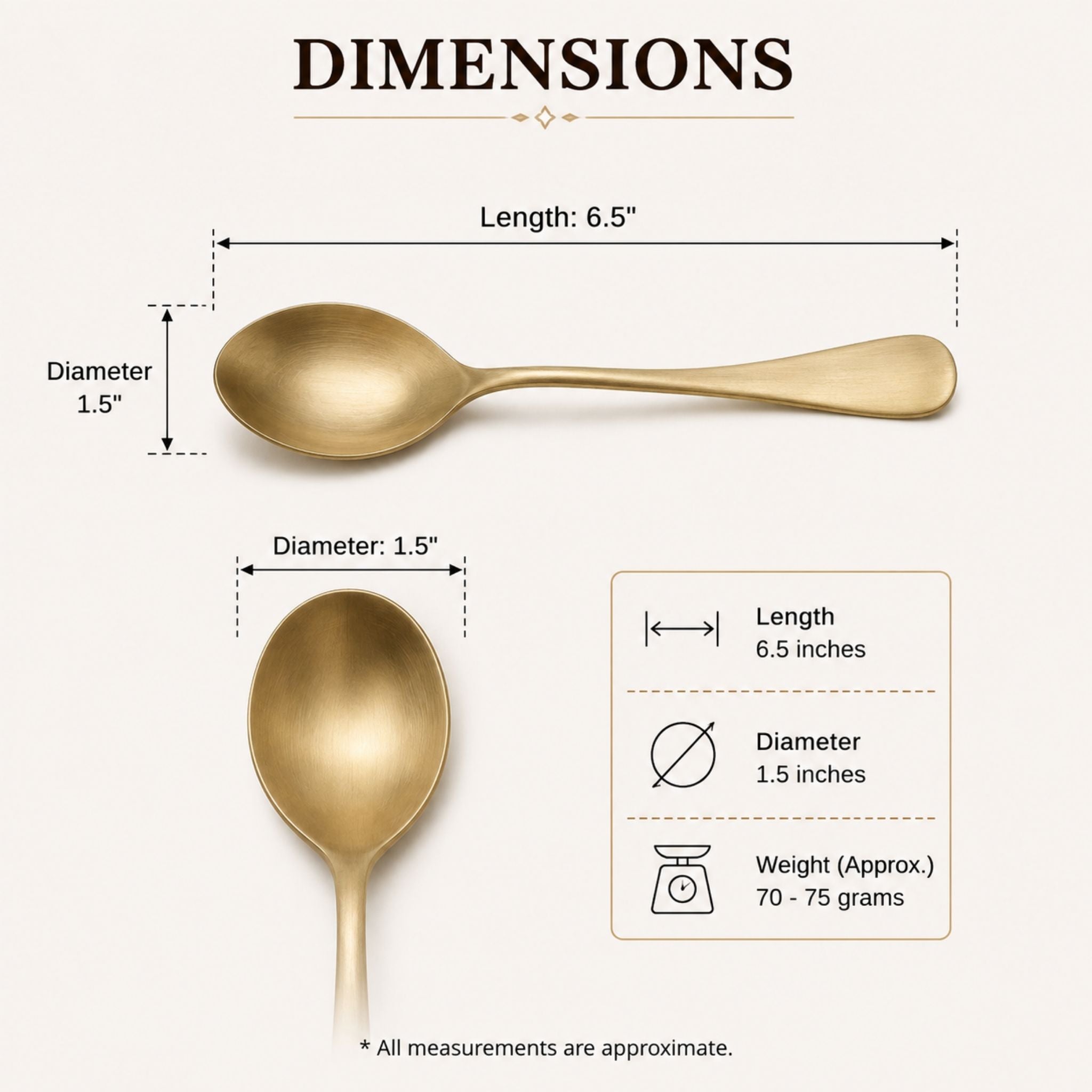 A dimension diagram of a bronze metal spoon on a light beige background, showing its length of 6.5 inches and diameter of 1.