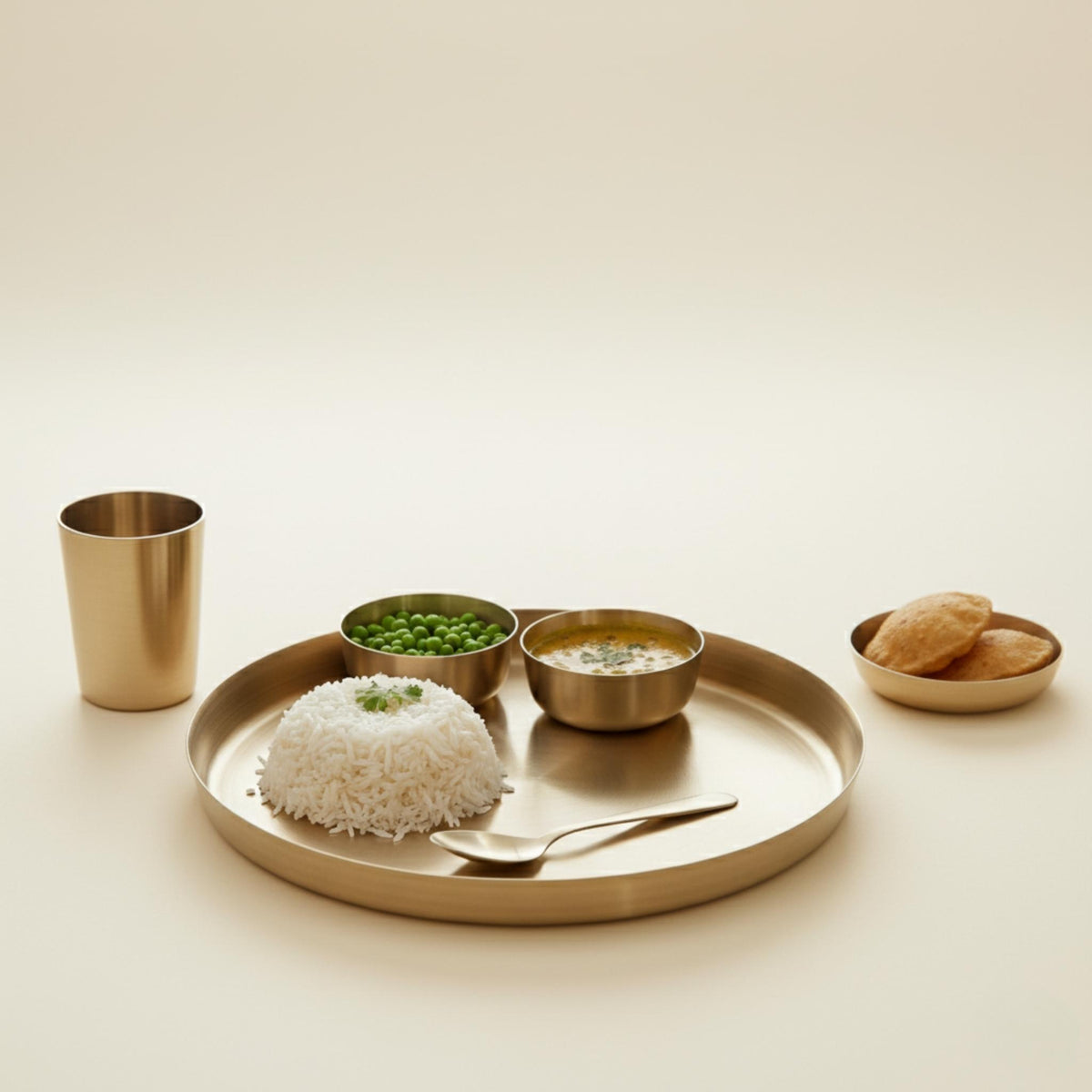 A minimalist bronze tableware set on a warm cream background, featuring a large oval tray with a spoon, two small bowls, a tall cup, and a shallow dish.