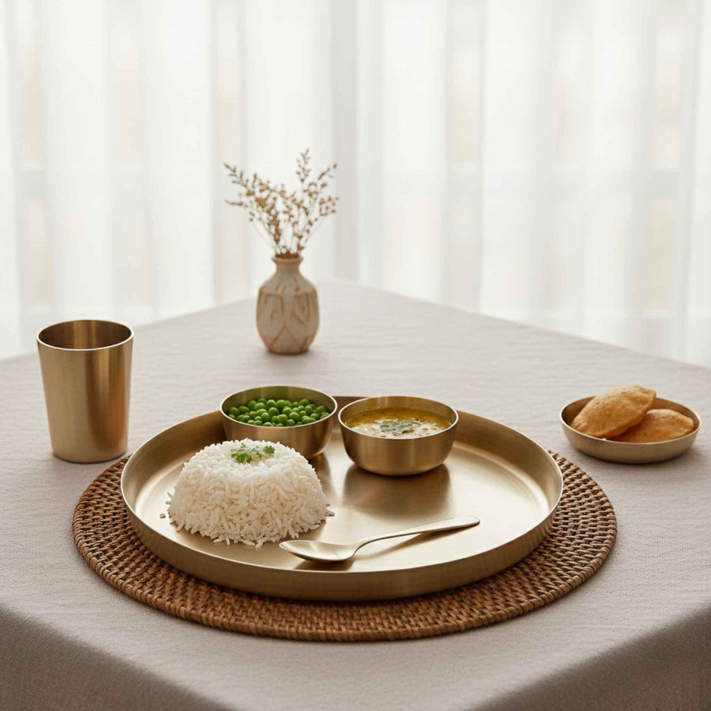 A styled tabletop bronze dining scene with a round gold-toned tray holding a mound of white rice, two small bowls (one with green peas, one with curry), a spoon, a small cup, and a plate with bread, arranged on a woven placemat on a beige tablecloth. A small vase with dried stems sits in the background near sheer curtains.