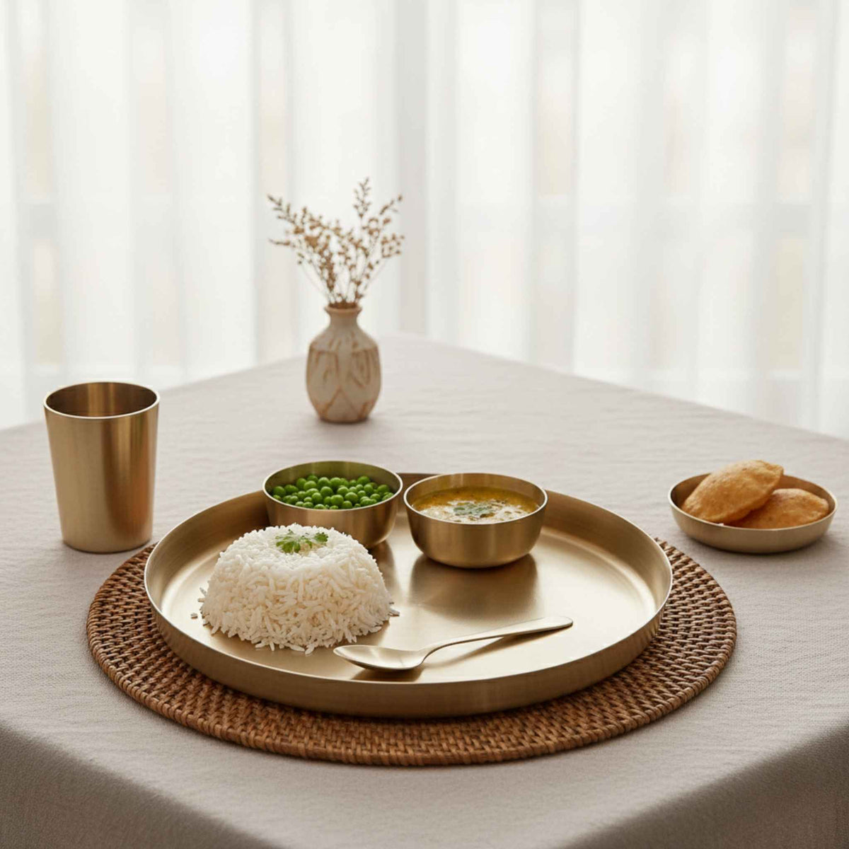 A styled tabletop bronze dining scene with a round gold-toned tray holding a mound of white rice, two small bowls (one with green peas, one with curry), a spoon, a small cup, and a plate with bread, arranged on a woven placemat on a beige tablecloth. A small vase with dried stems sits in the background near sheer curtains.