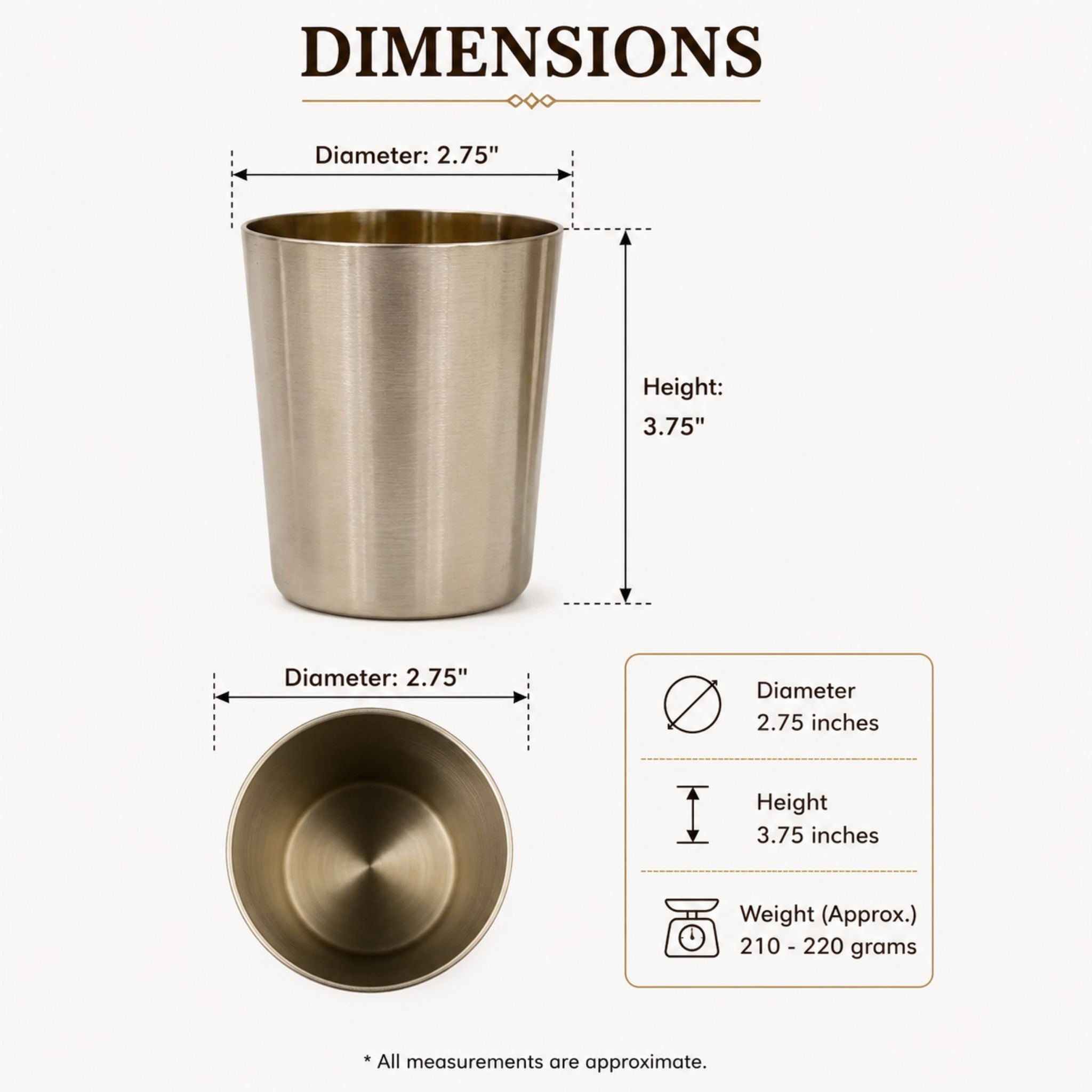 A product dimension diagram showing a brushed bronze tumbler with labeled measurements: diameter 2.75 inches and height 3.