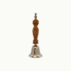 A small decorative bell with an ornate carved wooden handle and a polished silver-tone metal bell base, centered on a plain white background.