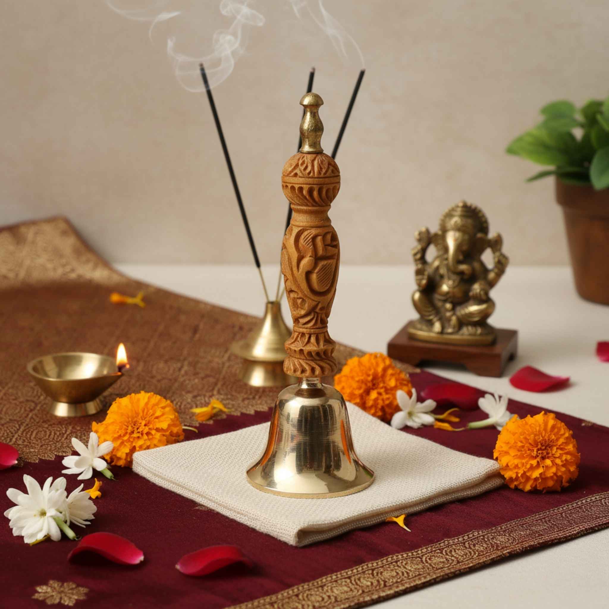 A brass and carved wooden incense burner set displayed on a white surface with a dark red runner, marigold flowers, white daisies, red petals, a small brass lamp, incense sticks, and a bronze Ganesha statue in the background.