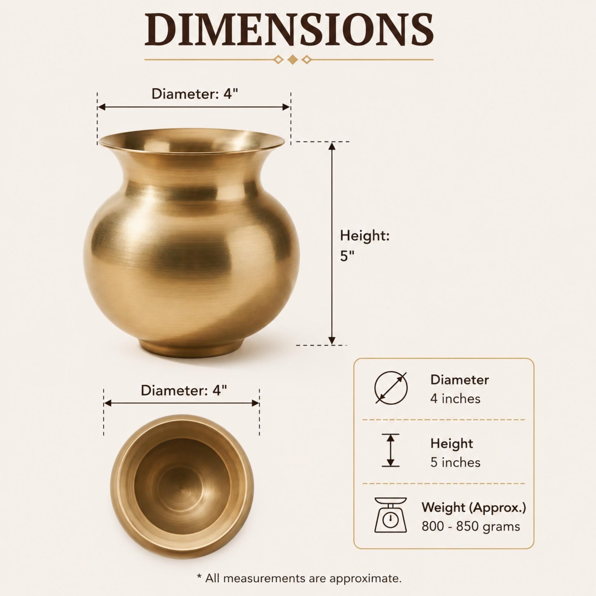 A product dimension diagram showing a small round metallic vessel with labeled measurements: diameter 4 inches, height 5 inches, and weight approximately 800-850 grams. The vessel is rendered in a brushed gold/brass finish on a light beige background with a 'DIMENSIONS' heading.