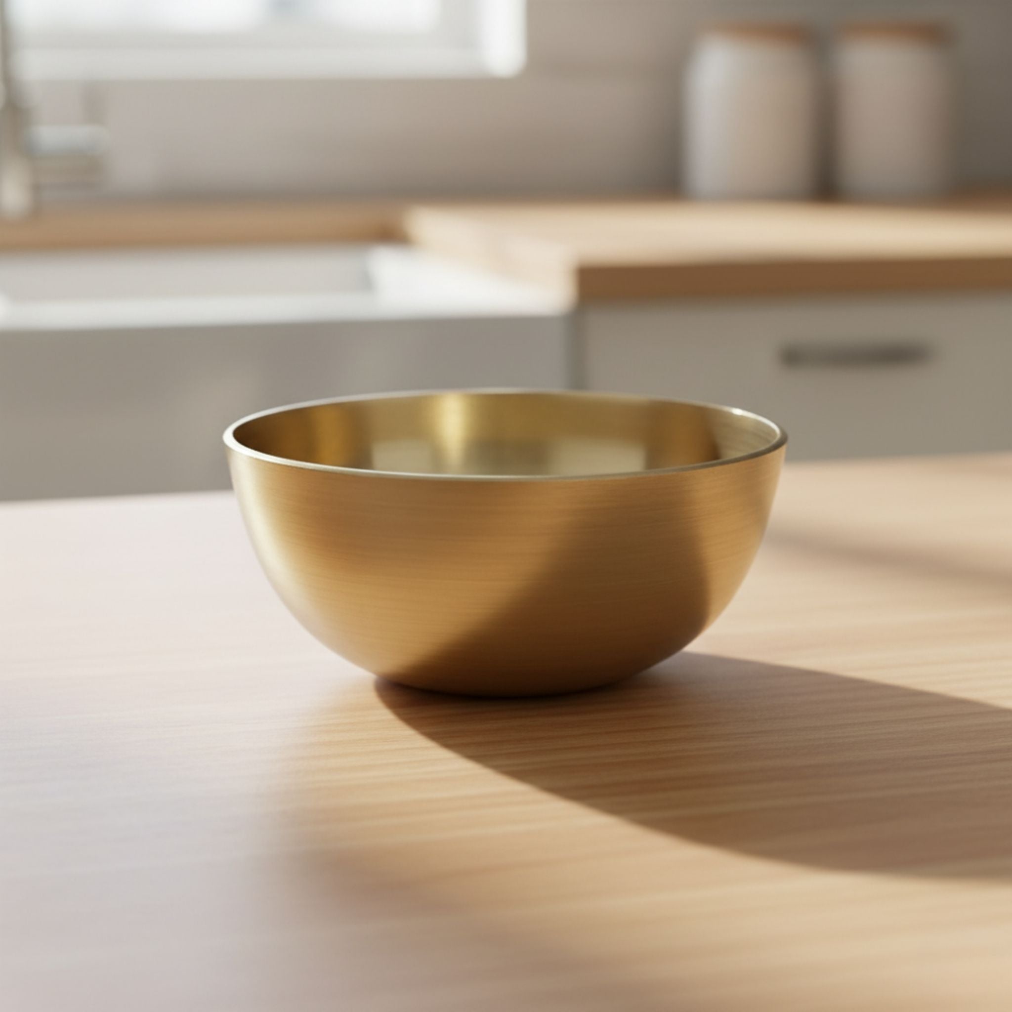 A small round bronze metallic bowl with a brushed gold finish sits on a light wood tabletop in a softly blurred kitchen setting.