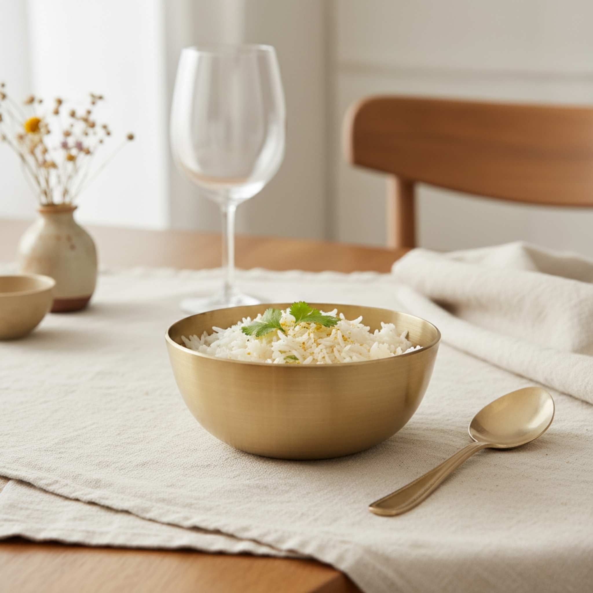 A gold-toned bronze bowl filled with white rice sits on a beige linen table runner on a wooden table, with a matching spoon, a wine glass, and a small vase of dried flowers in the softly blurred background.