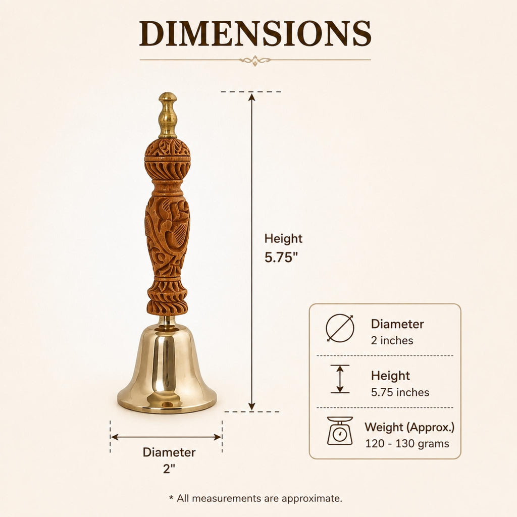 A dimension diagram of a decorative brass bell with a carved brown wooden handle, showing measurements for height, diameter, and weight on a light beige background.