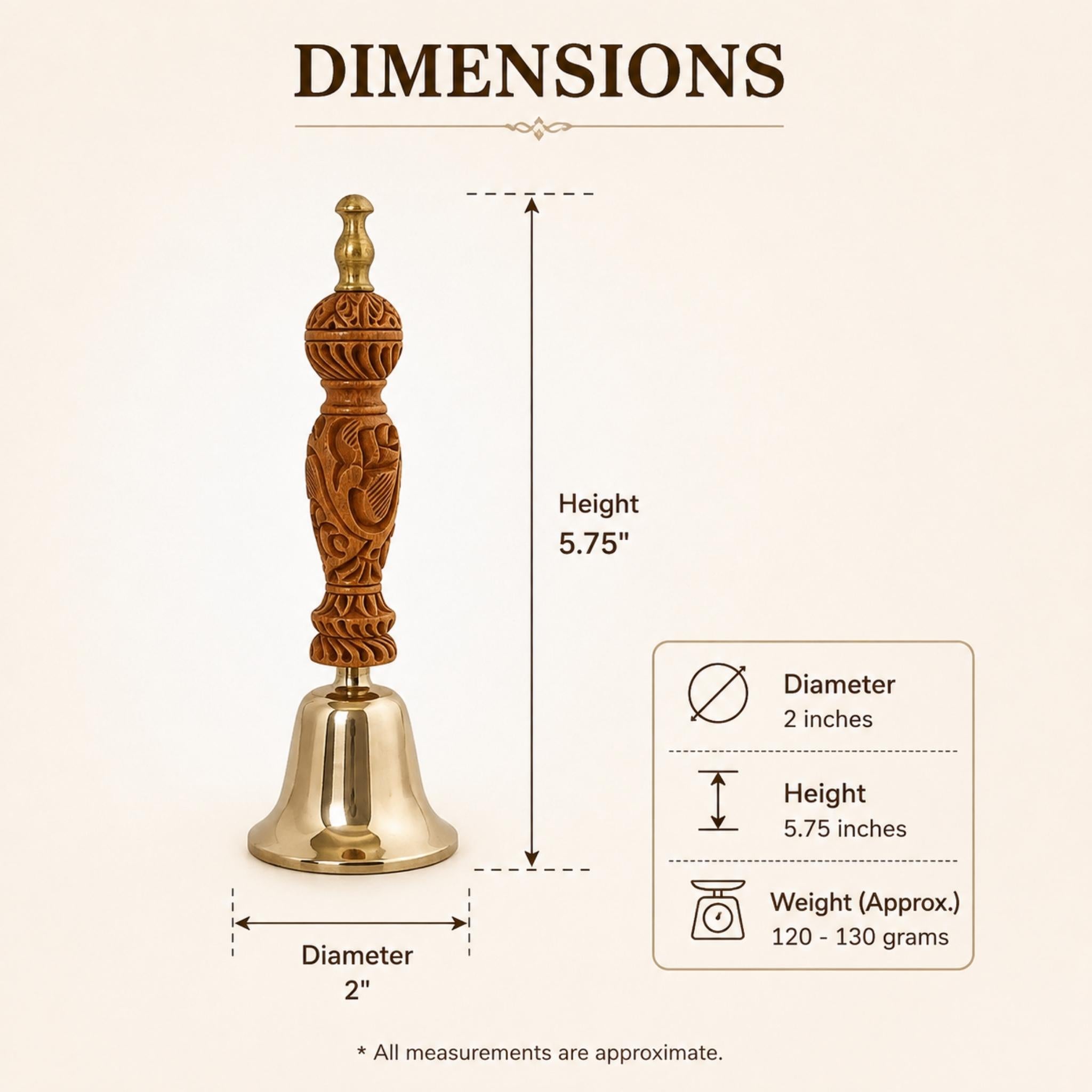 A dimension diagram of a decorative brass bell with a carved brown wooden handle, showing measurements for height, diameter, and weight on a light beige background.