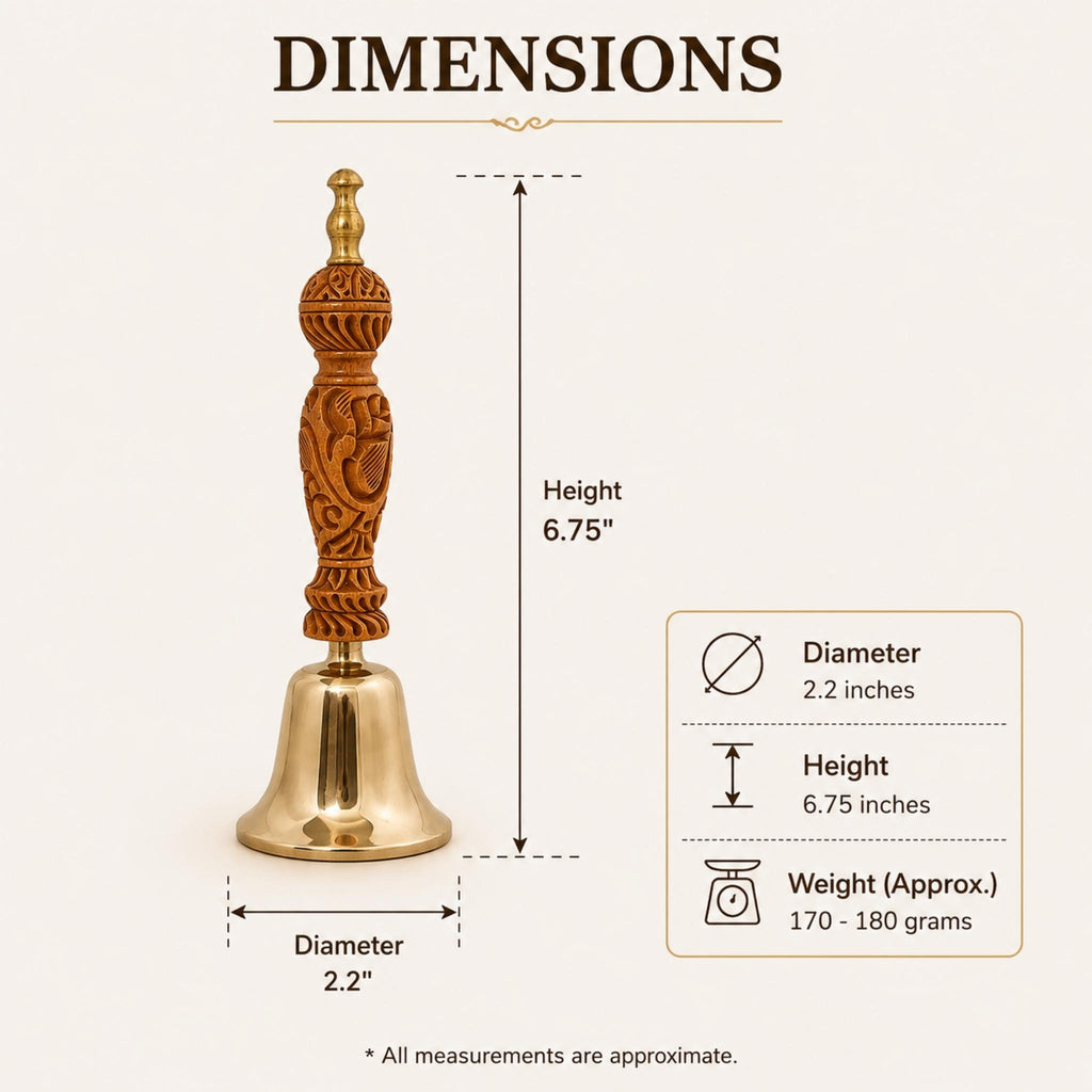 A dimension diagram of an ornate brass and carved wood bell stand on a light beige background, showing measurements for height, diameter, and approximate weight.