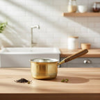 Brass saucepan with a wooden handle sits on a light wood countertop in a bright kitchen setting with a sink and white subway tile background.