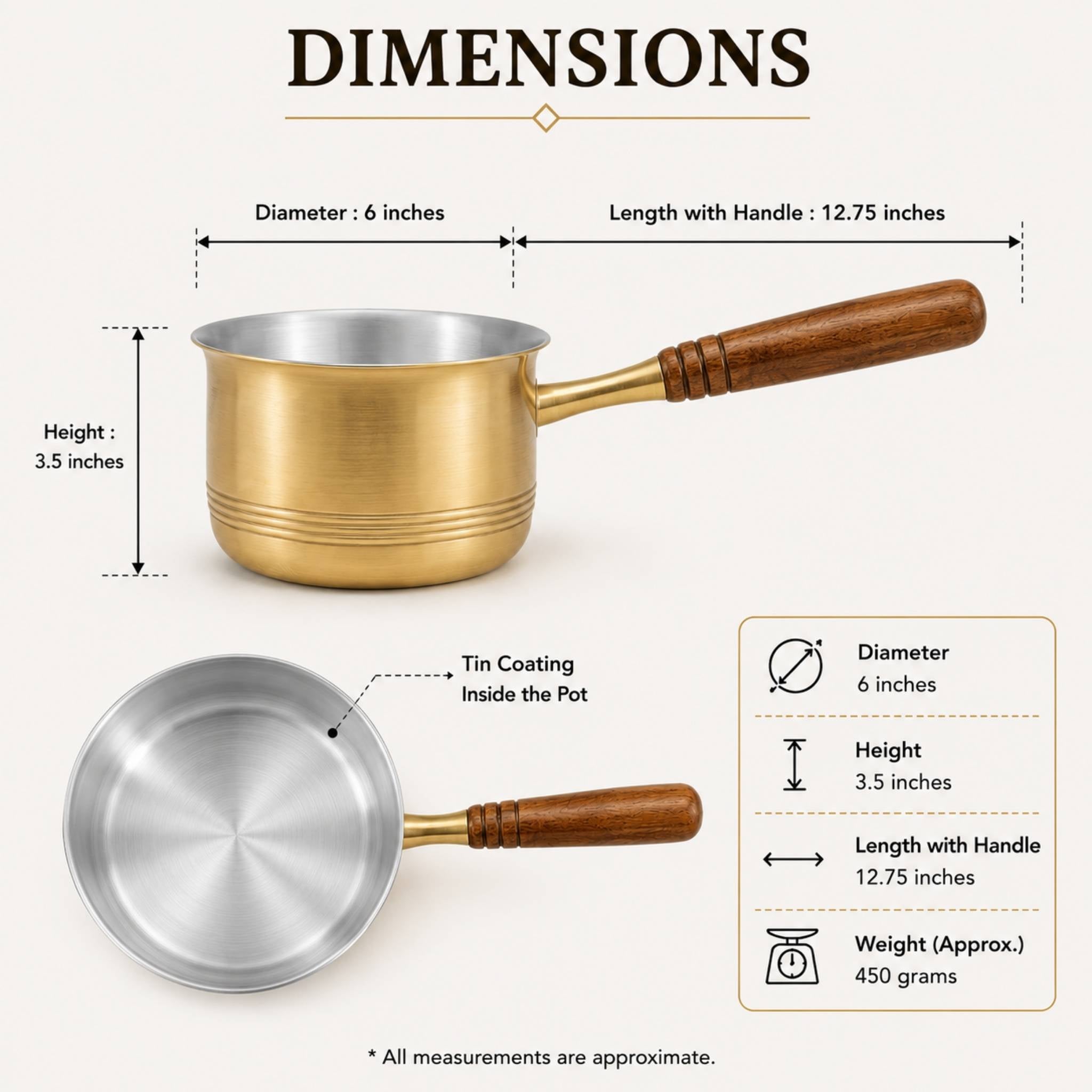 A product dimension diagram showing a brass saucepan from two angles with labeled measurements: diameter 6 inches, height 3.5 inches, length with handle 12.