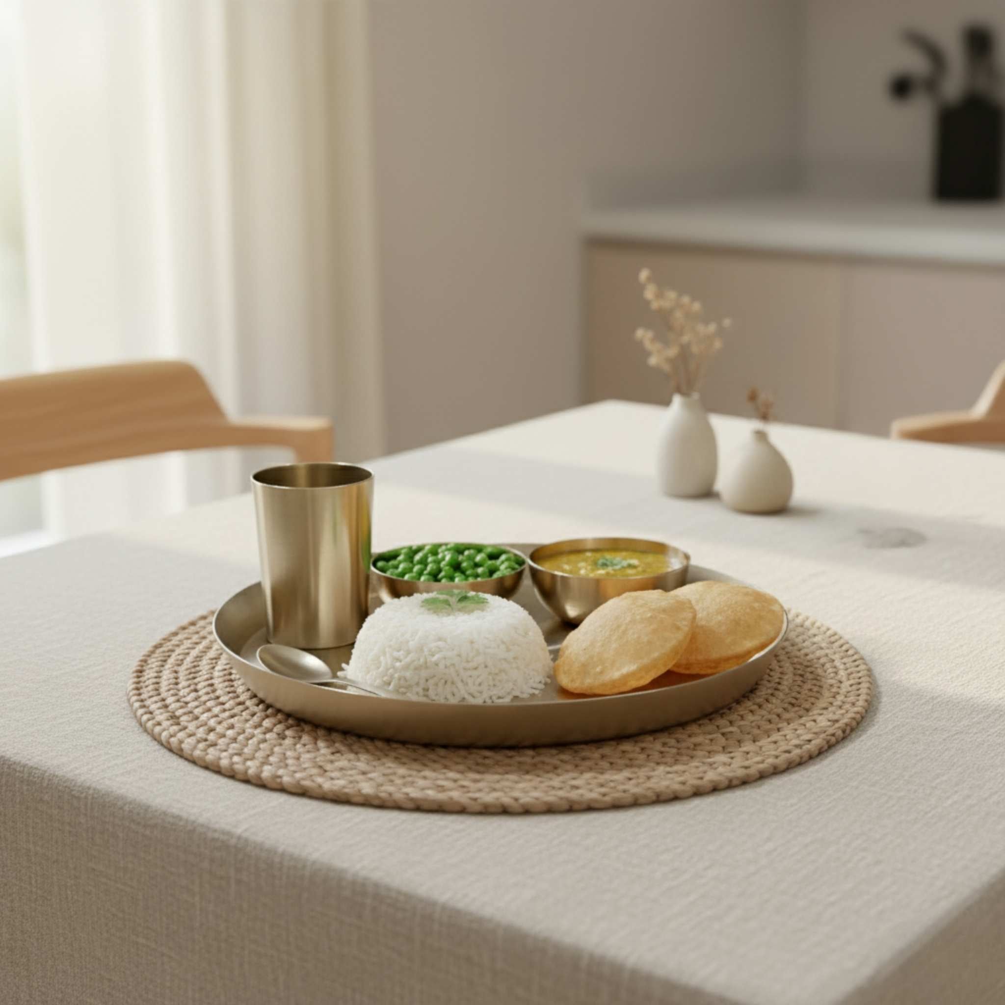 A styled dining table setting featuring a round metallic bronze tray holding a bowl of white rice, green peas, yellow curry, and two golden flatbreads, alongside a matching metallic cup. The tray rests on a woven beige placemat over a white tablecloth, with a softly blurred modern kitchen background.