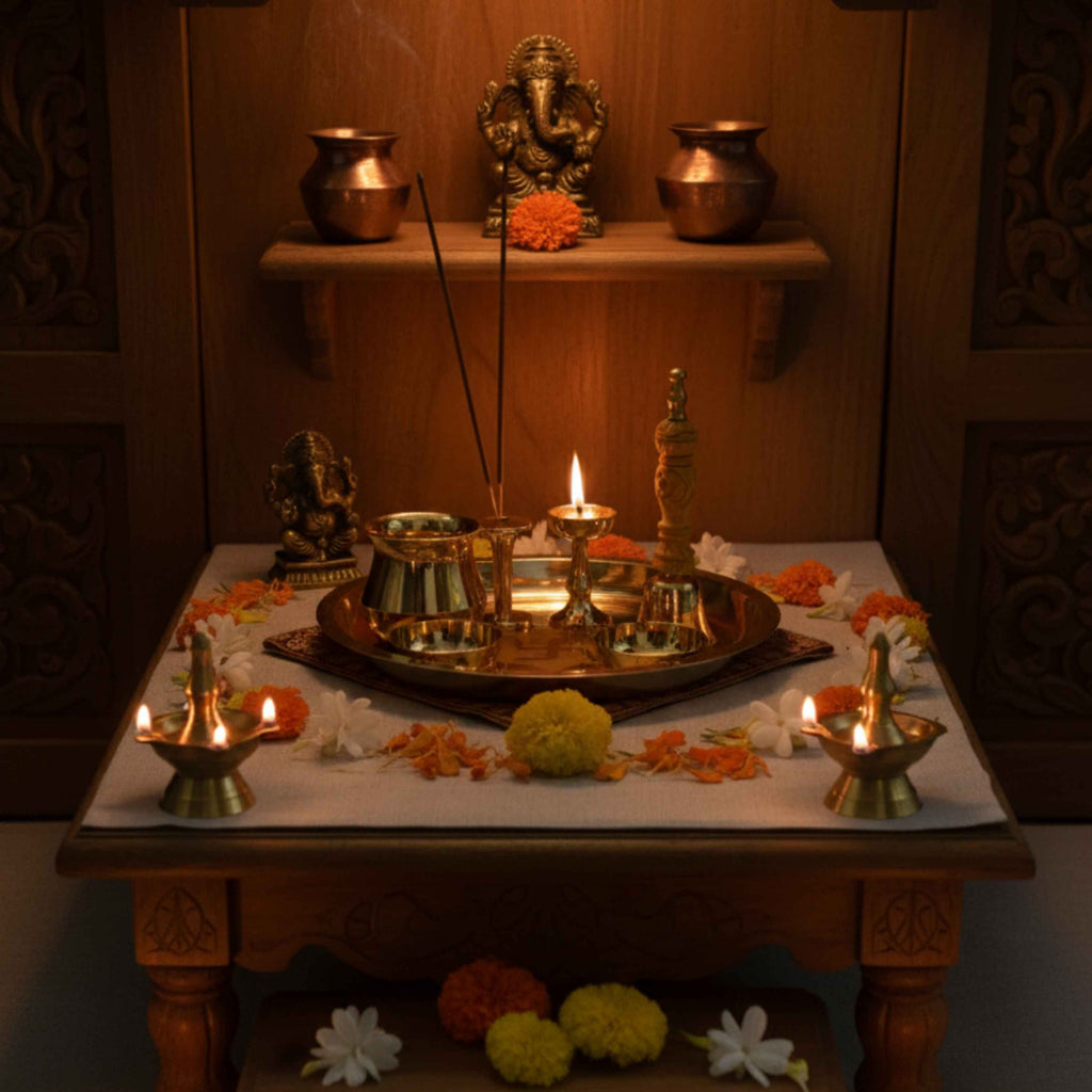 SERVICE DE POOJA EN BRONZE ÉTAIN PUR (KANSA) 9''