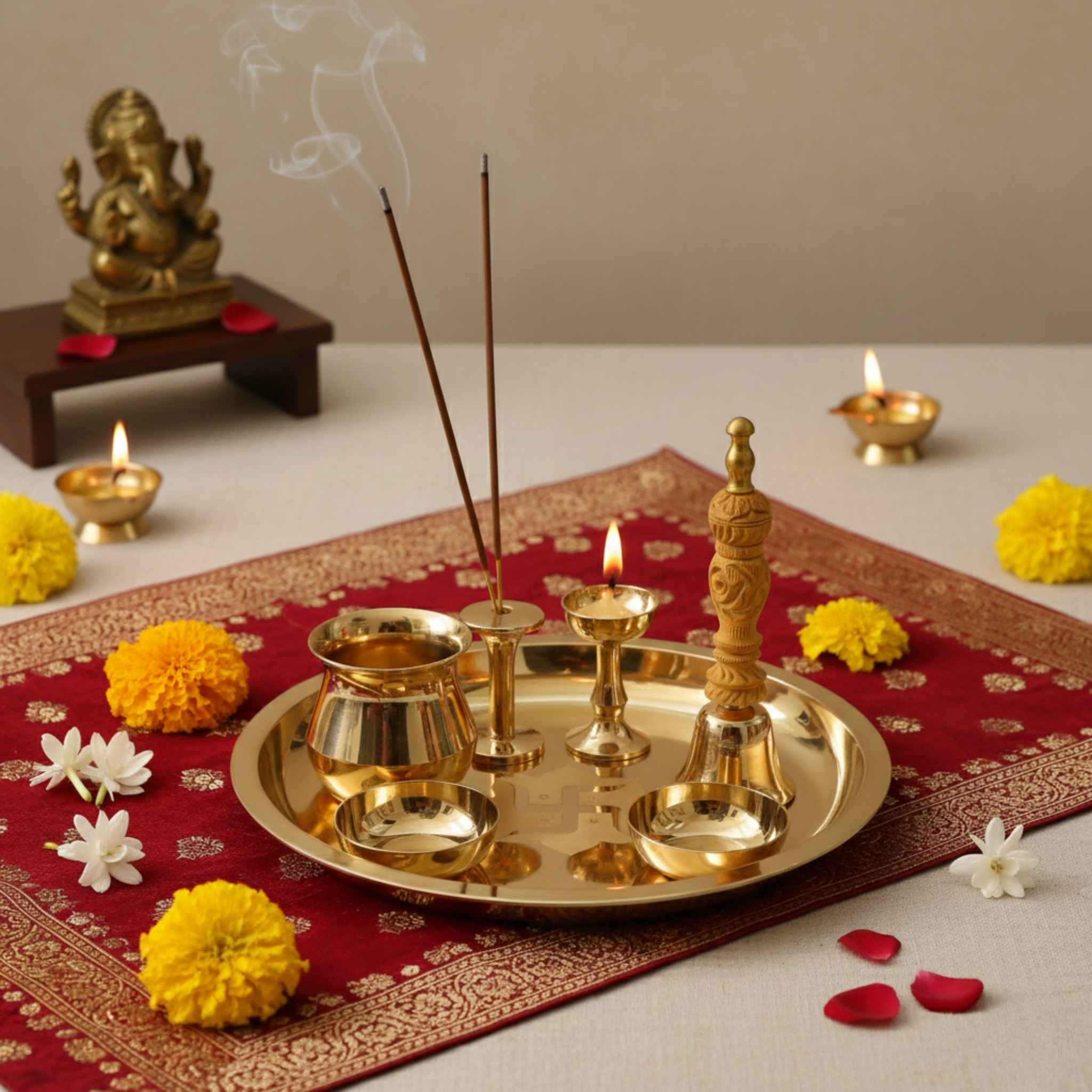 A brass ritual tray set with a carved brass statue, brass incense holder with smoking incense, brass oil lamps, and small brass vessels arranged on a red patterned mat with flowers and lit diya candles around it.