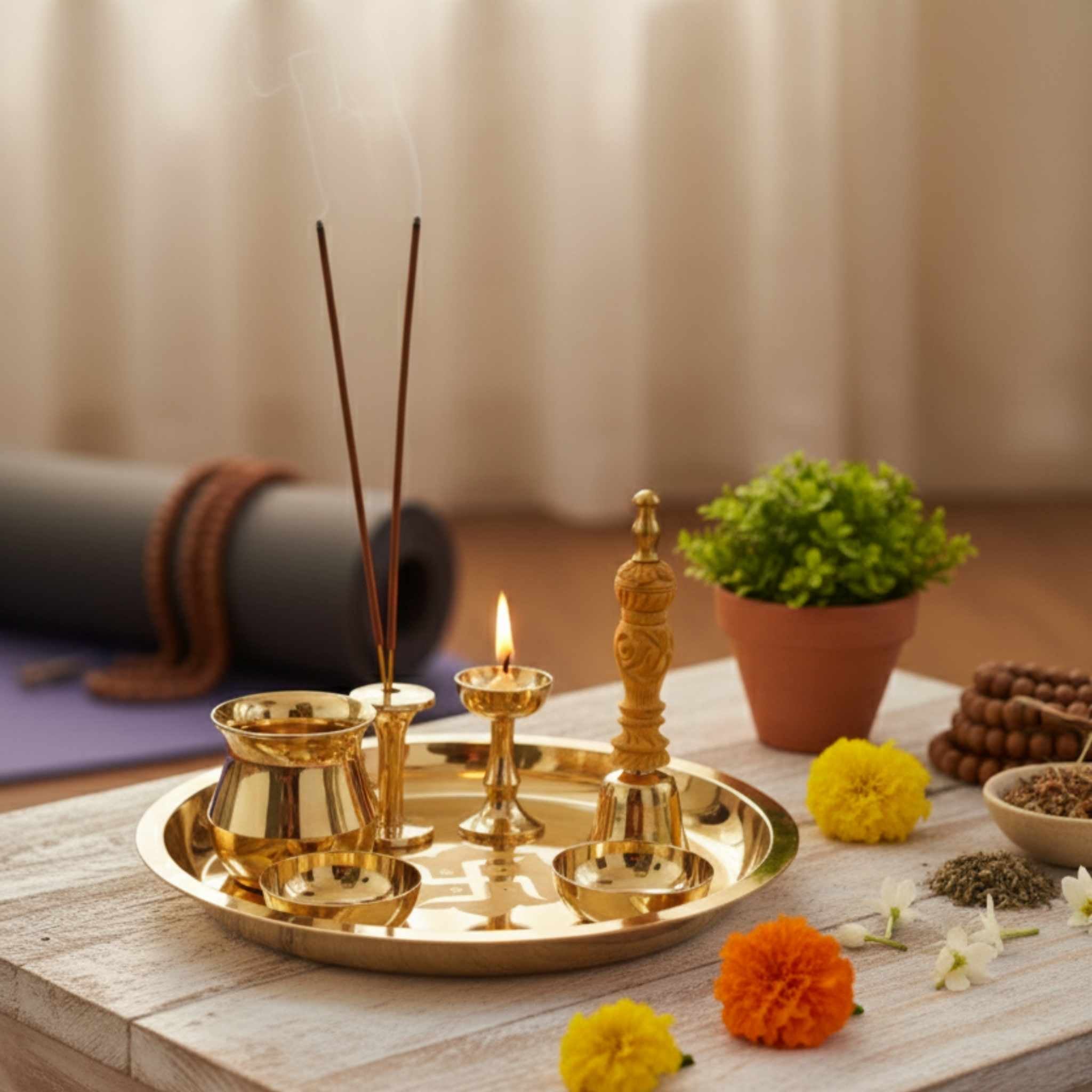 A brass ritual tray with multiple holders, including incense sticks, a lit candle, and a carved decorative post, arranged on a wooden table with flowers, beads, and a small potted plant in a softly lit indoor setting.