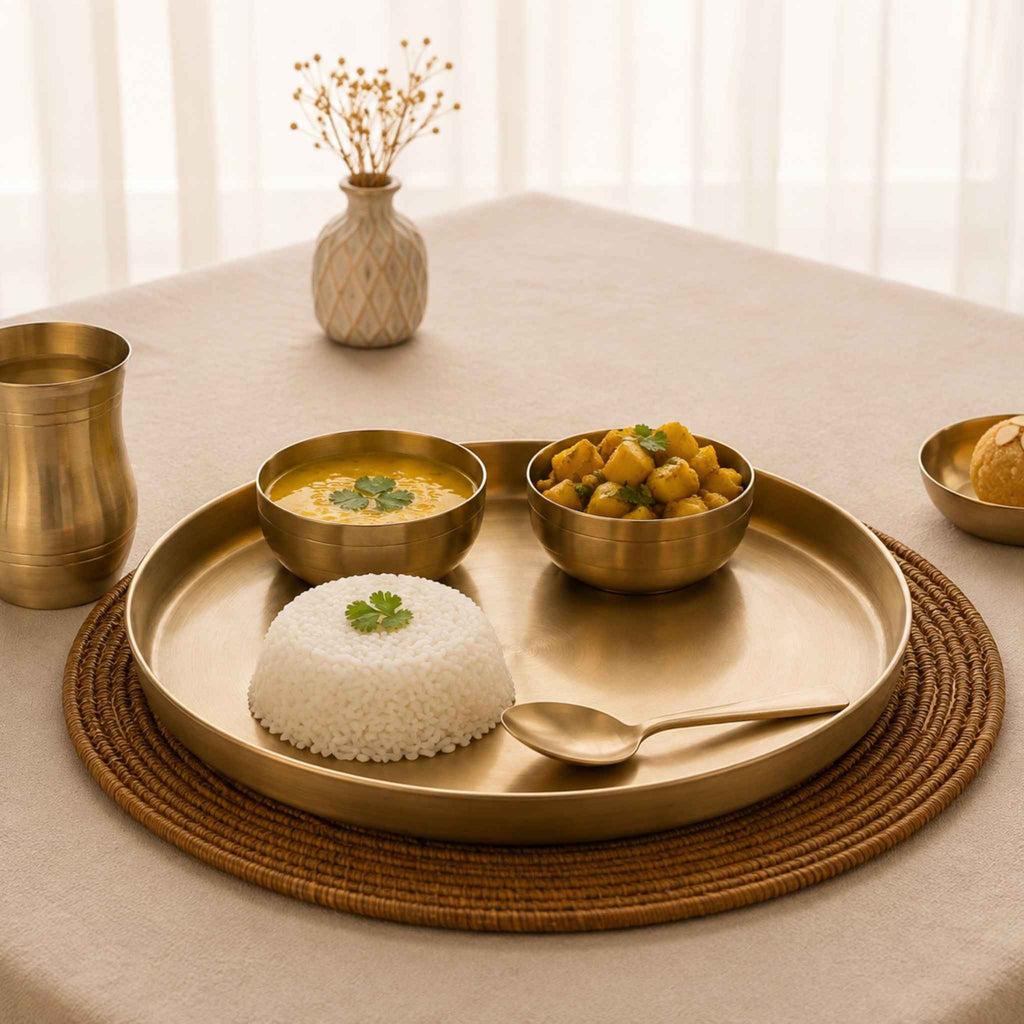 A bronze serving tray set on a woven placemat on a beige tablecloth, styled with a mound of white rice, a bowl of yellow curry, and a bowl of vegetable curry, alongside matching bronze cups and a spoon.