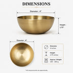 A product dimension diagram showing a round metallic bronze bowl from top and side views with labeled measurements: diameter 4 inches, height 1.75 inches, and approximate weight 140-160 g on a light gray background.