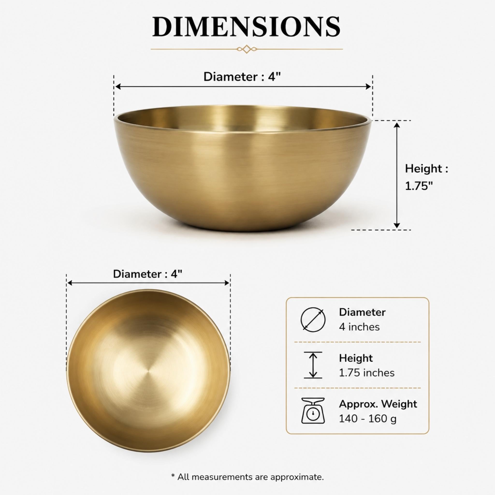 A product dimension diagram showing a round metallic bronze bowl from top and side views with labeled measurements: diameter 4 inches, height 1.75 inches, and approximate weight 140-160 g on a light gray background.